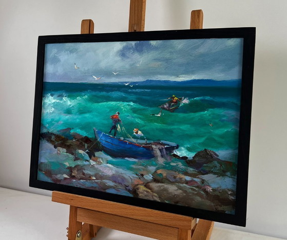 Image 1 of Original Oil Painting Coastal Waves Landscape Fishermen at sea