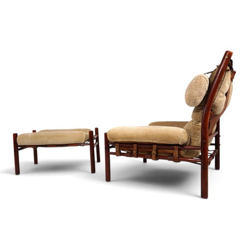 Arne Norell Inca fauteuil met voetenbank – Originele corduroy bekleding, 1970 – Textile, Vintage