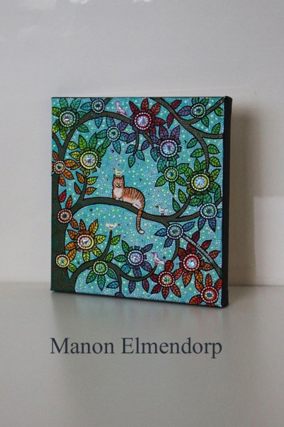 Image 1 of Hand-painted Small Painting Cat & Birds New 20x20 cm