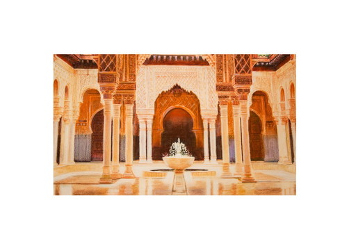 Drawing of a mosque in Malaysia. Mosque drawing. Mosque painting. Mozarabic art. Oriental architecture. New.