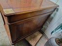 Classic cherry wood double-sided desk, writing table, partner desk with leather inlay, light signs of age