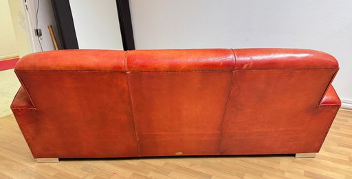 Brocantique Jacques Adnet Art Deco Set: Leren bank, fauteuil en poef