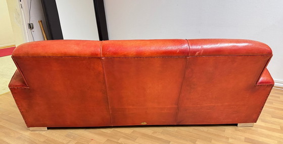 Image 1 of Brocantique Jacques Adnet Art Deco Set: Leren bank, fauteuil en poef