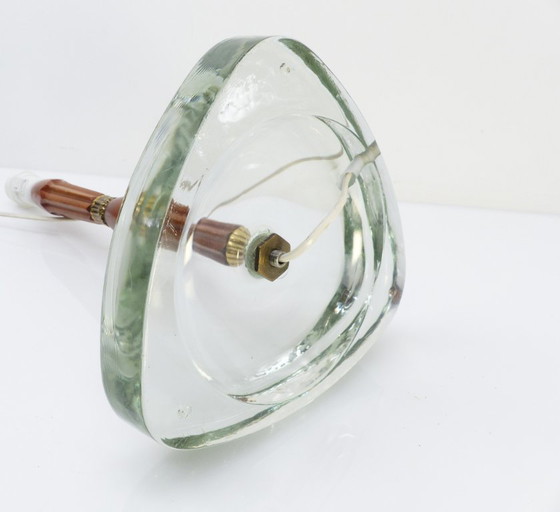 Scandinavian table lamp in aqua glass, wood and brass – attributed to Nybro Armaturfabrik, Sweden, 1960s (photo 8 of 8)