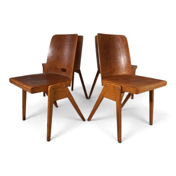 Set aus 4 Bauhaus-inspirierten Esszimmerstühlen, stapelbar, 1950 – Holz (photo 17 of 19)