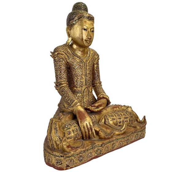 Antieke Birmese Jambupati Boeddha met glasinleg, 57 cm hoog. – Beeldhouwkunst, Wood (photo 2 of 16)