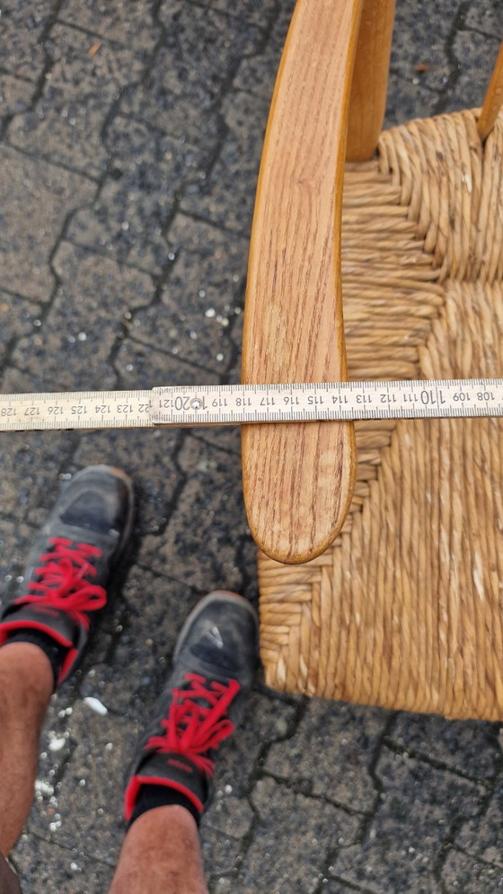 Image 1 of Juego de comedor de los años 50, madera de haya y caña – 6 sillas + banco, estilo Arno Lambrecht