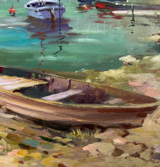 Image 1 of Original Oil Painting Sea Coastal Landscape Harbor at the foot of the hills