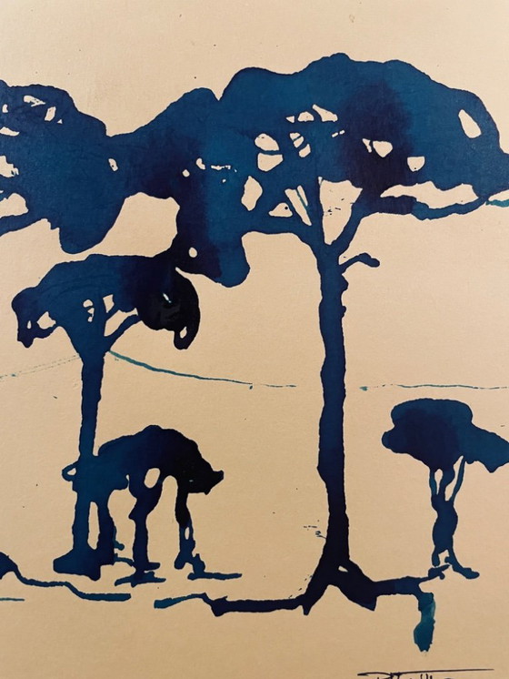 Image 1 of Dipinto ad acquerello monocromatico firmato "Pineta al crepuscolo"