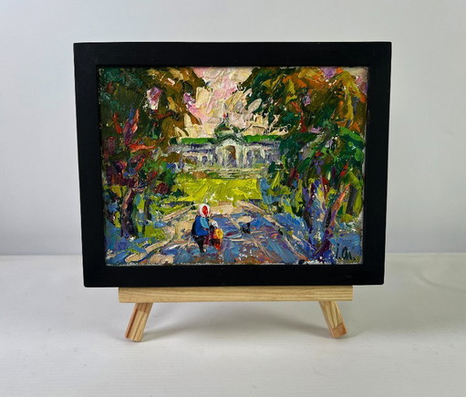 Original Oil Painting Summer Church Landscape Peace of the park