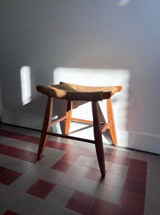 Image 1 of Vintage wooden stool with woven wicker seat - Brutalist/Mid-Century