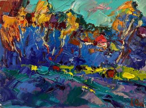 Pintura al óleo original: paisaje otoñal de naturaleza, bosque azul de otoño.