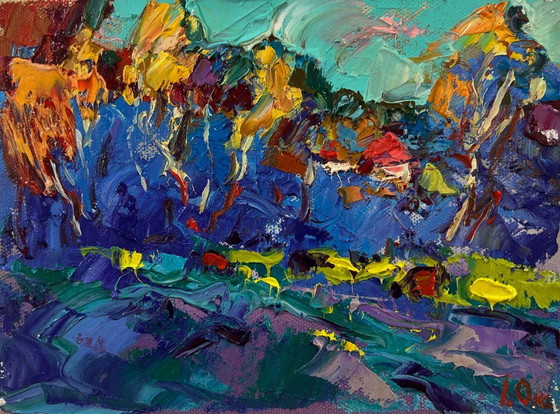 Original Oil Painting Fall Nature Landscape Autumn Blue Forest – Paintings & Drawings, Canvas (photo 3 of 8)