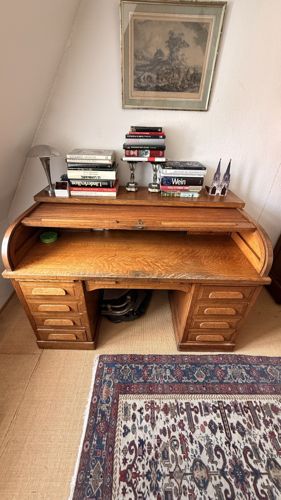 Grande scrivania antica in rovere con piano a rullo – circa 1900 – Scrivanie, Wood, Metal (photo 6 of 8)