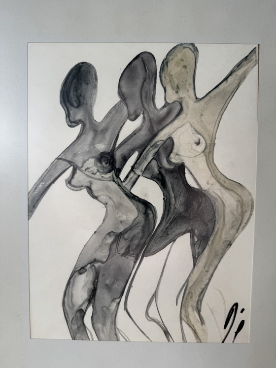Original 1970s Modernist Drawing - "Three Graces" Ink & Watercolor – Paintings & Drawings, Aluminium (photo 6 of 6)