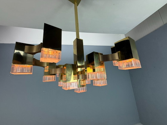 Image 1 of Lustre cubique Sciolari en laiton, édition rare, 17 lumières, Italie des années 1970