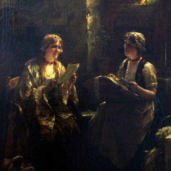 Image 1 of Edward Portielje "La lettre", peinture à l'huile flamande du 19e siècle représentant deux dames