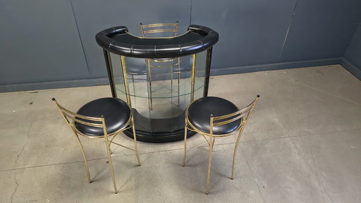 Hollywood-Regency-Bar mit drei Barhockern, 1970er Jahre – Italien