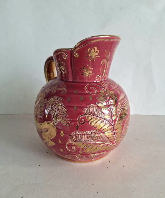 Image 1 of Brocca in ceramica d'epoca Jemappes Faïencerie Belgio con favolosi animali e motivi floreali.