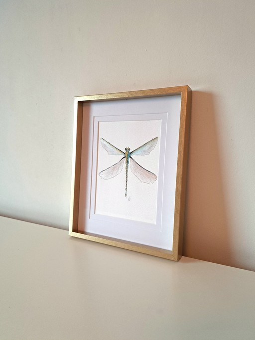 Watercolor painting of a dragonfly with a mother-of-pearl effect | Gold-colored frame