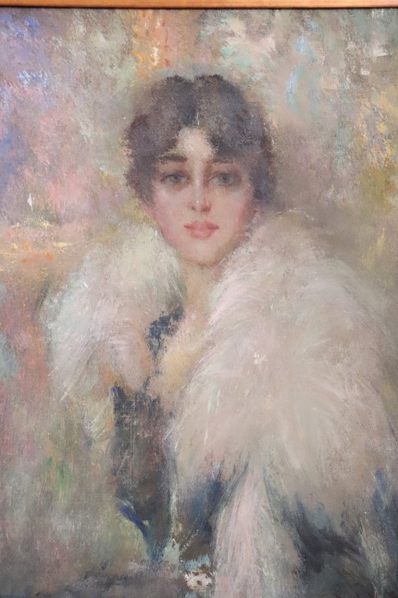 Image 1 of Olieverfschilderij op canvas, Portret van een jonge vrouw, Italië Gesigneerd en gedateerd 1917