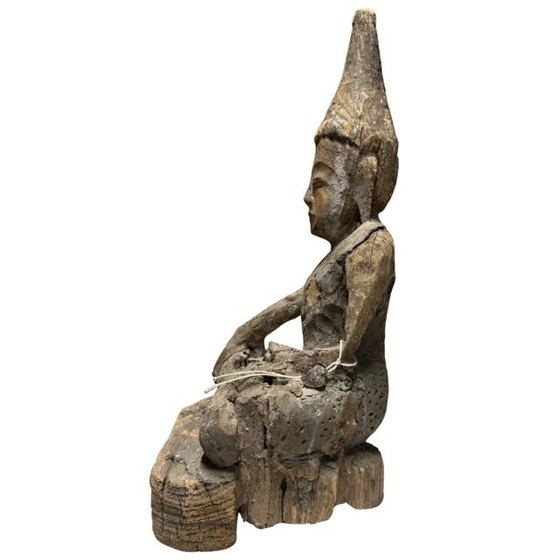 Estatua antigua de Buda Shan de madera – Birmania/Myanmar – Siglos XVIII/XIX – con antiguo sello de (photo 8 of 10)