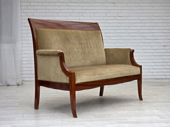 Image 1 of 1950s, 2 Seater Danish Highback Sofa, Furniture Velour, Laqered Teak Wood.
