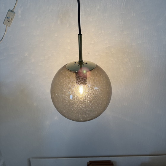 Image 1 of Limburg Glashütte Brass Smoked Glass Ball Pendant Hanging Lamp, 1970s