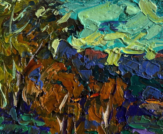 Image 1 of Original Oil Painting Sunset Forest Landscape Evening autumn wind