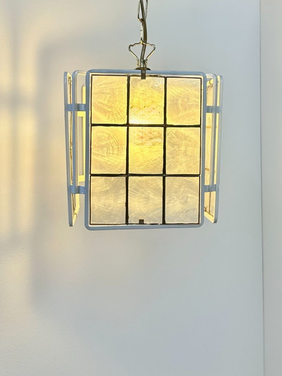 Image 1 of Vintage pendant light, white lacquered metal and mother-of-pearl, France, 1980