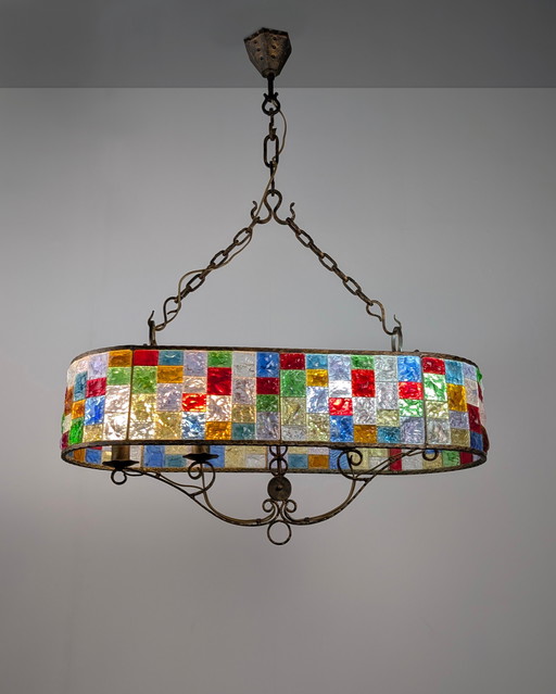 Large Italian Multi-Colored Hammered Crystal and Wrought Iron Chandelier
