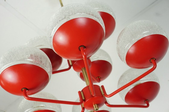 Image 1 of stunning 1960s 70s mid century modern CHANDELIER, red metal and brass, 9 crackle glass shades