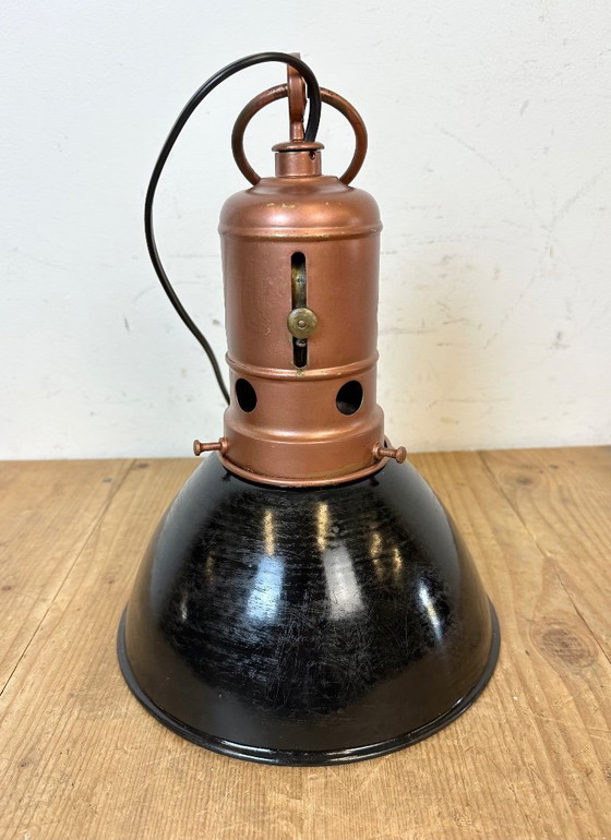 Image 1 of Industrial Italian Black Enamel Factory Lamp with Iron Top, 1950s