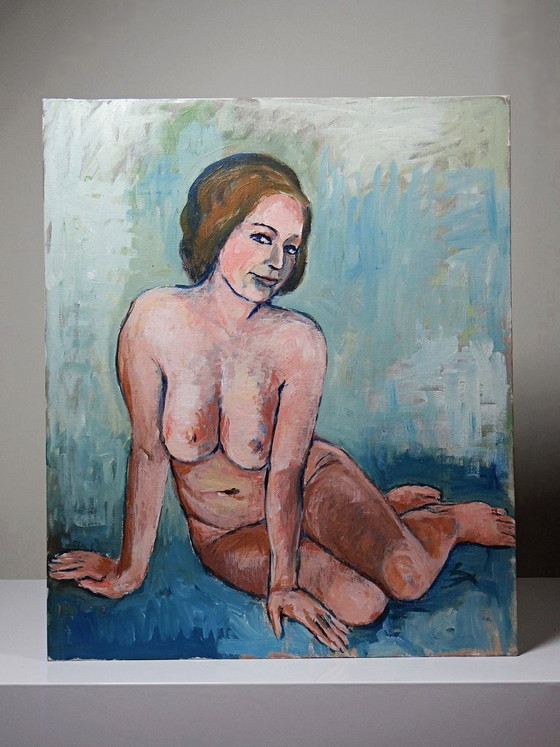 Image 1 of Vintage seated nude portrait painting, modern oil on canvas board