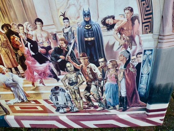 Image 1 of Een kunstreproductie van het schilderij "100 Years of Film” van kunstenaar Renato Casaro.