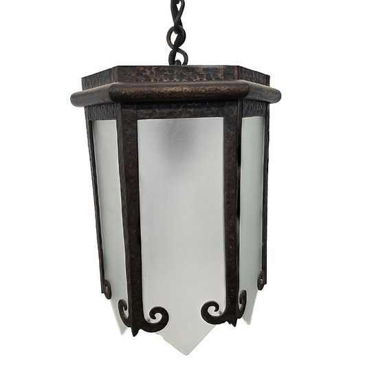 Wrought Iron Arts and Crafts Pendant Lamp, From Around 1900 – Glass (photo 3 of 7)