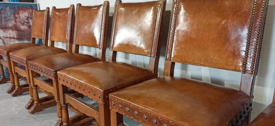 Image 1 of 6 x vintage  Spanish solid wood and leather dining chairs