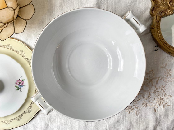Vintage Bloemen Wit Geel Verguld Porseleinen Soepterrine L'Amandinoise 38754 Frankrijk Jaren 50 – Servies (photo 7 of 8)