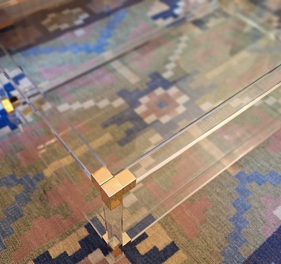 Image 1 of Large Italian 2-Level Coffee Table in Lucite, Glass and Gilt Brass, 1970-80