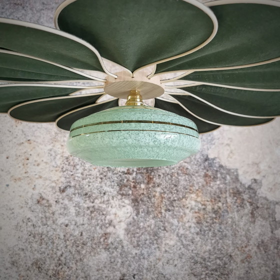 Image 1 of Rattan and Linen Flower Hanging Lamp Fir Green - Luminaires Artisanaux
