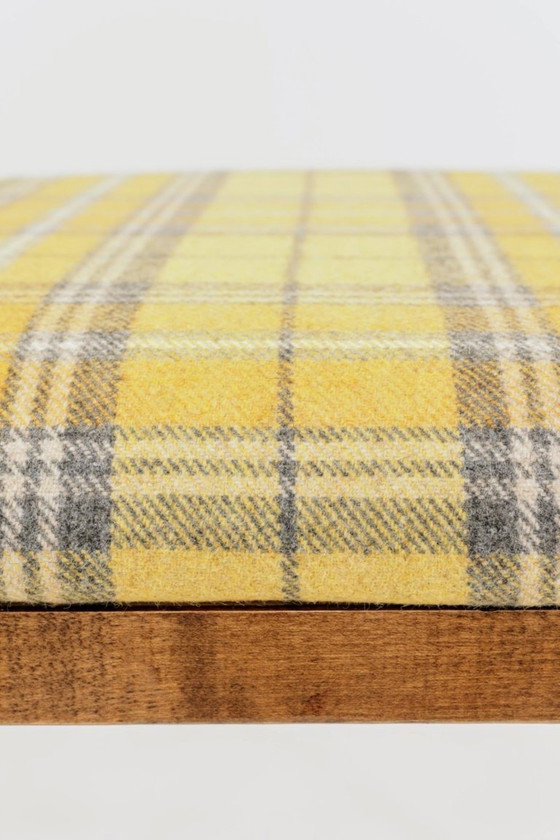 Image 1 of Mid century modern bar stools yellow tartan plaid wool rustic wood set of 3