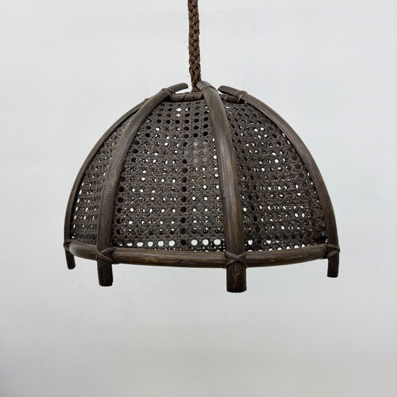 Image 1 of Vintage rattan and webbing hanging lamp 1970s retro