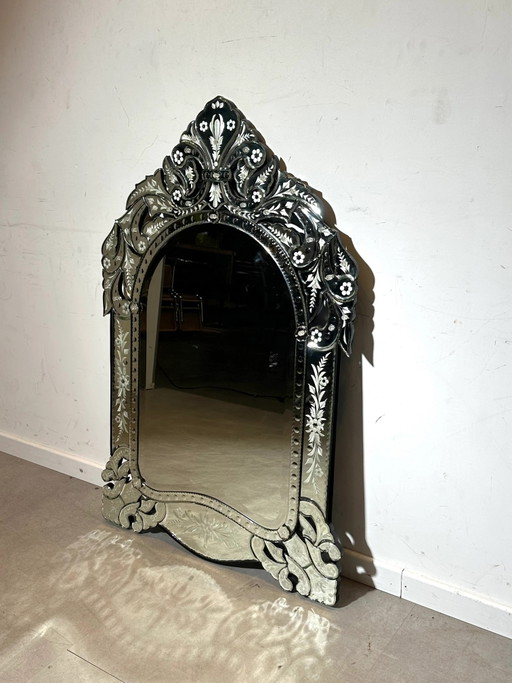 Espejo turquesa grabado de estilo veneciano antiguo – spiegels, Wood, Glass