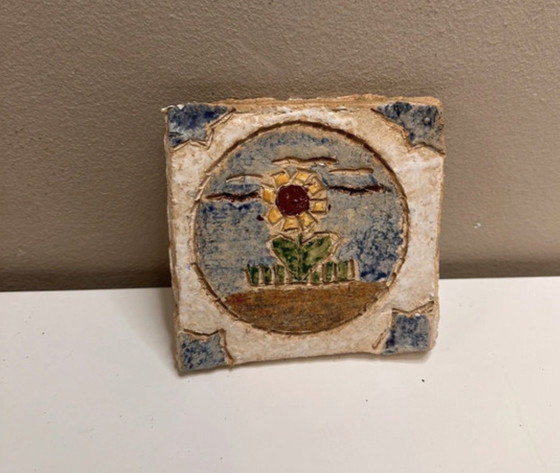 Image 1 of Brutalist Studio Ceramics | Sunflower Relief | Vintage Folk Art 1970s
