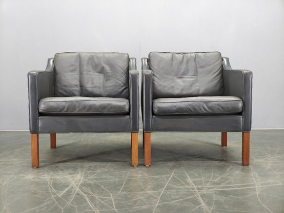 Image 1 of Paar leren loungestoelen van Børge Mogensen voor Fredericia, jaren 70