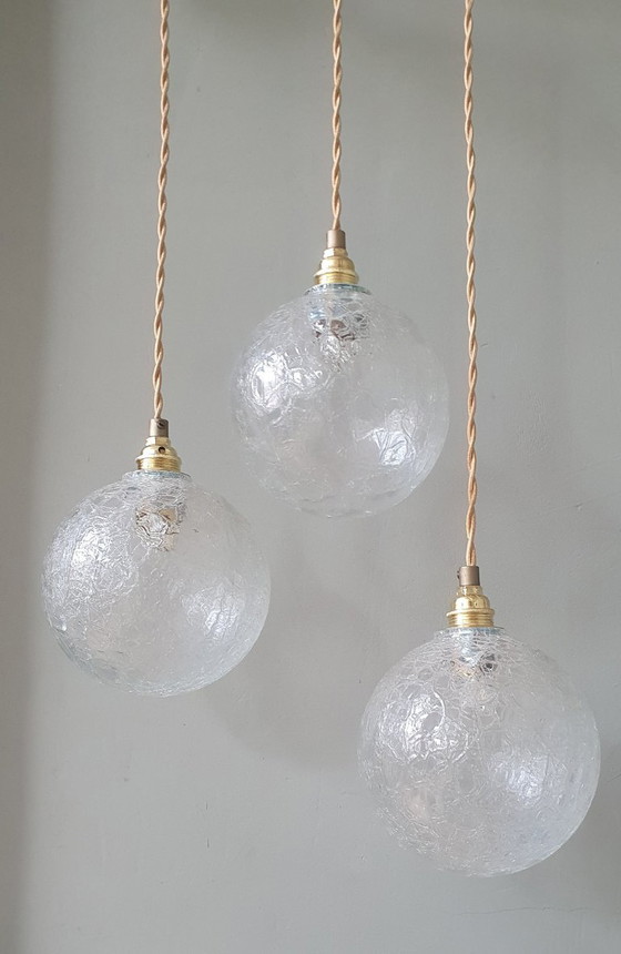 Set (3) Vintage Crackle Glass Sfera / Lampade a sospensione - Midcentury – Metal (photo 16 of 21)