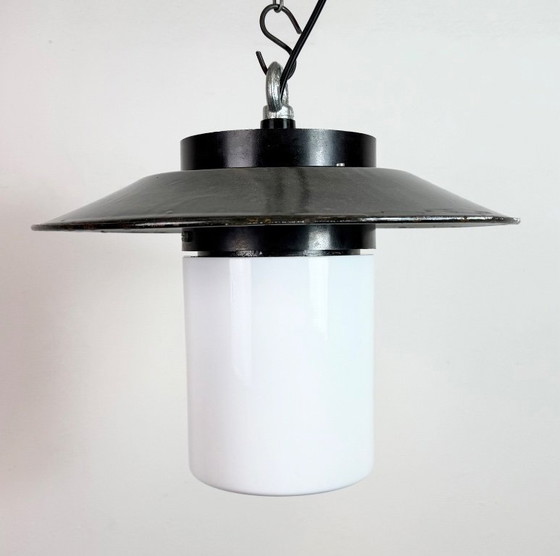 Image 1 of Industrial Grey Enamel Pendant Lamp with Milk Glass, 1960s