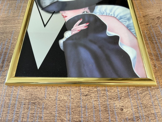 Pair of Hollywood Regency 'Glam Girl' mirror prints by Ferraro (80s), Glass art, Glass, Multi Color (photo 8 of 11)