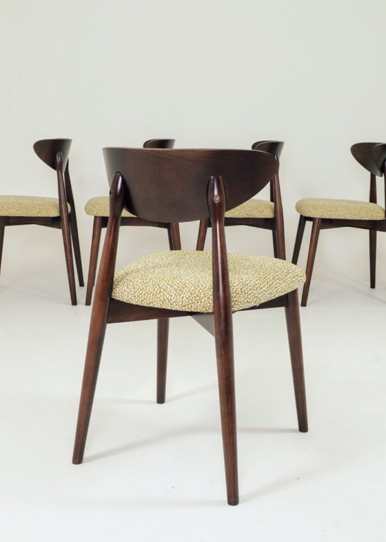 Image 1 of Set van 6 eetkamerstoelen, licht beukenhout, stof met groen patroon, modern ontwerp