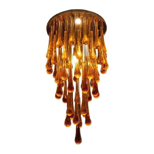 Plafonnier « Gros Gouttes » en verre de Murano ambré et or transparent contemporain